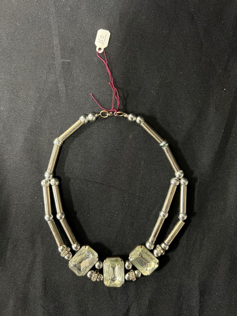 Unusual Large Faceted Rhinestone Necklace: With sliver plated beads and large links. Choker type. Probably 1950's