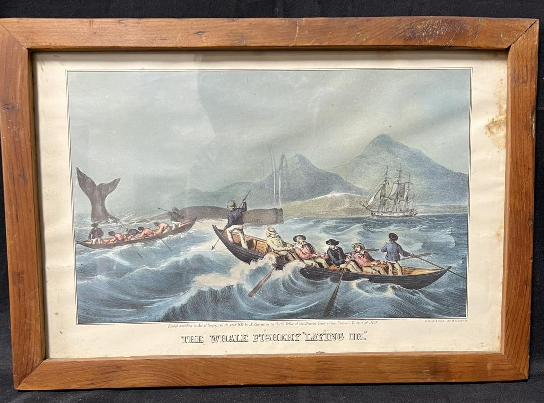 N. Currier The Whale Fishery "Laying On": Reprinted from a lithograph by N. Currier. Framed. 12 1/2" H. x 17 3/4"W(Staining in upper R. margin, may be visible in photo) Not affecting the image.