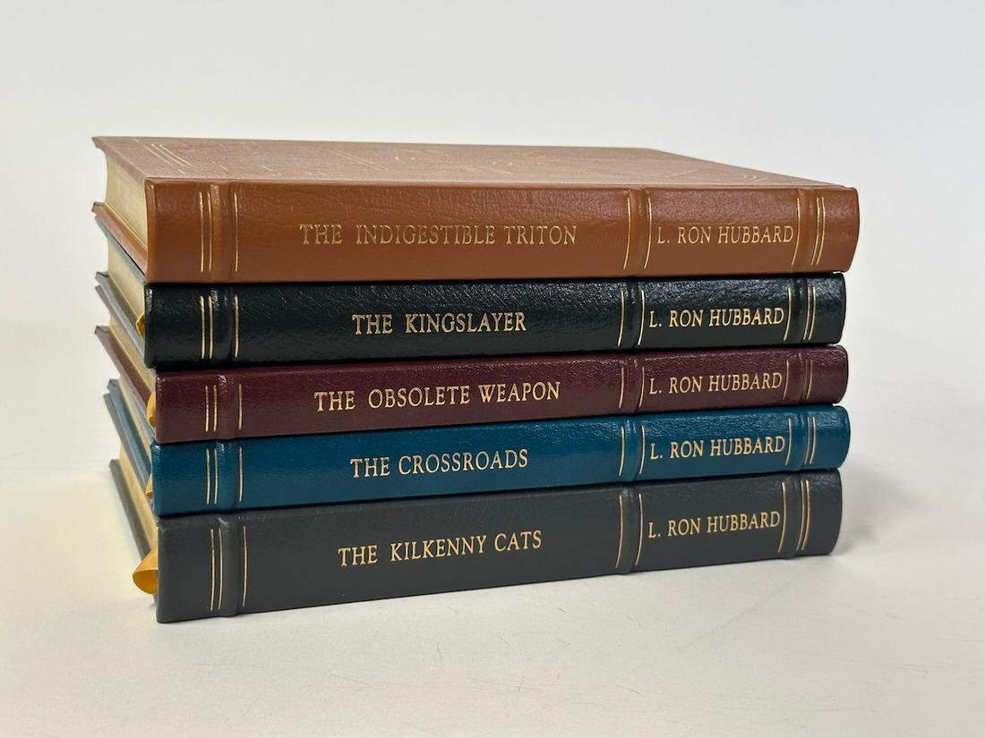 Five Sci-Fi Books by L. Ron Hubbard; Easton Press (5): Masterpieces of Science Fiction,1993. Leather bound. Five Volumes - The Kilkenny Cats; The Crossroads; The Obsolete Weapon; The Indigestible Triton; and The Kingslayer.