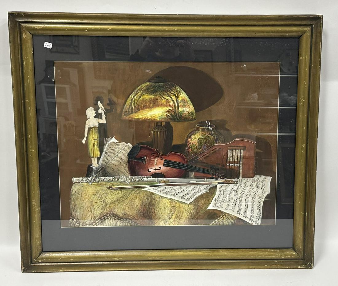 Kristina Nemethy; Original Watercolor Still Life Signed: Watercolor on paper. A Still Life - Musical Instruments, Sheet Music and Handel Lamp. Signed lower right; 17.5in. x 23in.(image), 27in. x 31in.(framed)
