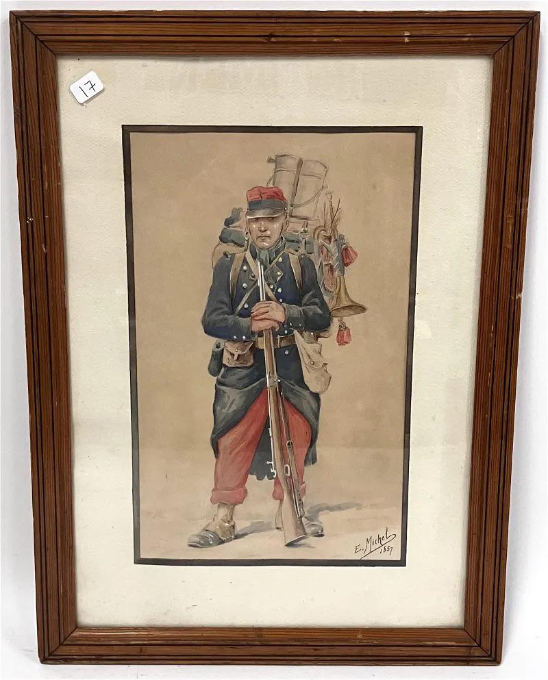 Emile Francois Michel Watercolor. Signed: Soldier. Signed Emile Francois Michel (French, 1818-1909) Original watercolor of a soldier in uniform dated 1857 below the signature. Professionally matted and framed. This listed artist has 17 auctio
