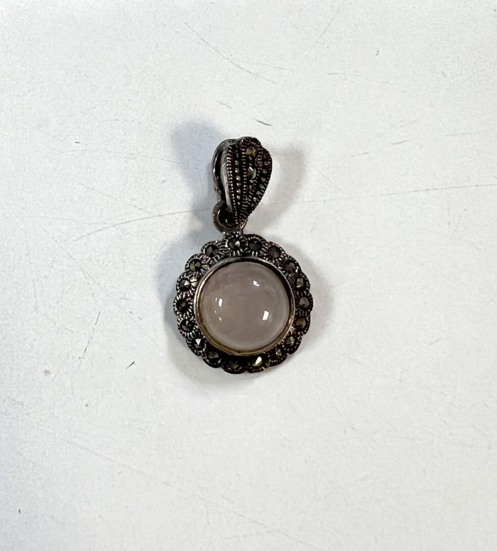 Sterling Silver Marcasite and Rose Quartz Pendant: Art Deco design. Marked 925