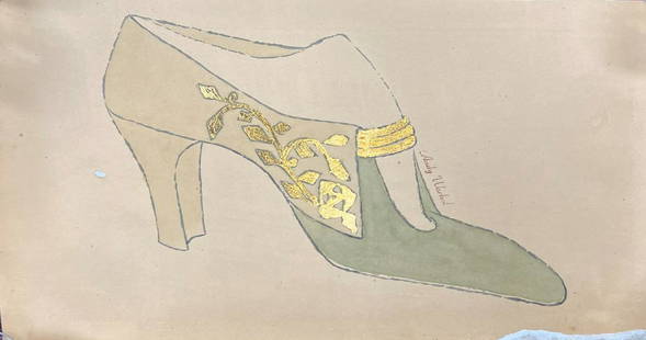 Andy Warhol Drawing. Shoe Signed: 10.5in. H x 19.75in. W