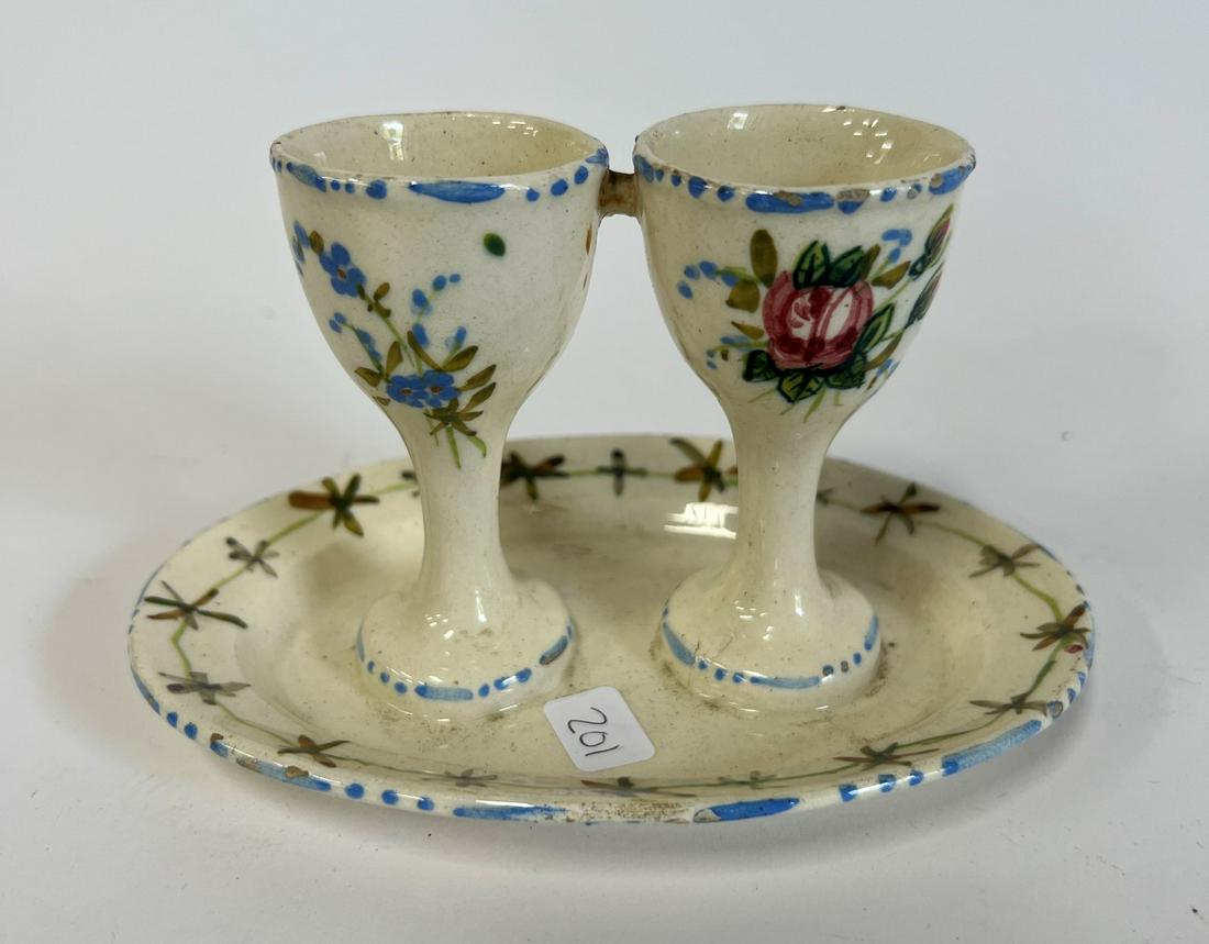 Unusual Italian Pottery Double Egg Cup: Floral decorated. Marked Italy at the underside