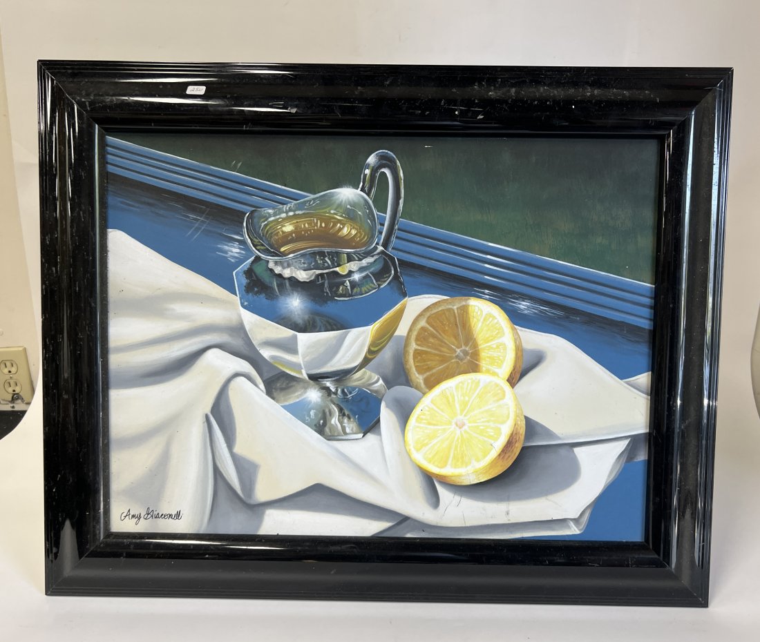 Amy Giacomelli. Oil/Canvas. Still Life. Sgd.: Signed L.L. Pitcher with lemons. Framed. 24"h x 29"W Overall size. Certificate of Authenticity on back.
