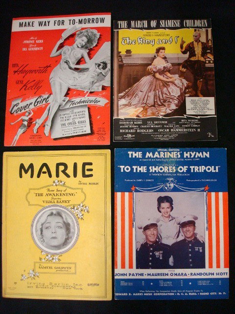 THIRTY TWO PIECES EARLY SHEET MUSIC: Make Way For Tomorrow - Cover Girl; The March of Siamese Children - The King and I; Marie - The Awakening; The Marine's Hymn - The Shores of Tripoli; Mary's A Grand Old Name - Yankee Doodle Dandy (2);
