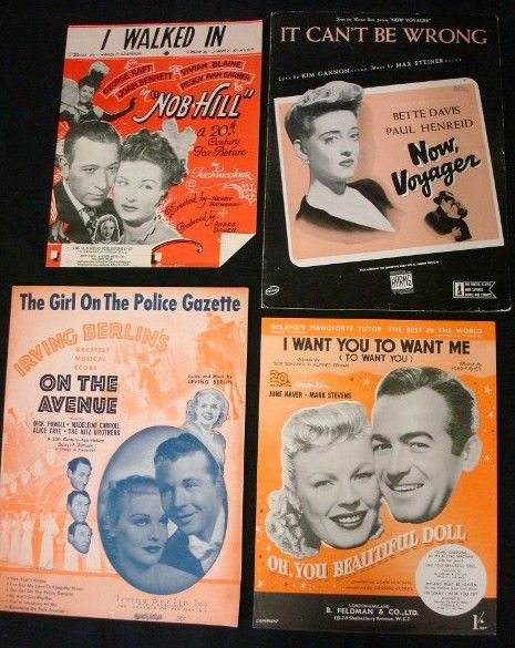 THIRTY PIECES EARLY SHEET MUSIC: I Walked In - Nob Hill; It Can't Be Wrong - Now Voyager; I Want You To Want Me - Oh You Beautiful Doll; The Girl on the Police Gazette - On The Avenue; Girls Were Made To Take Care of Boys - On Sunday