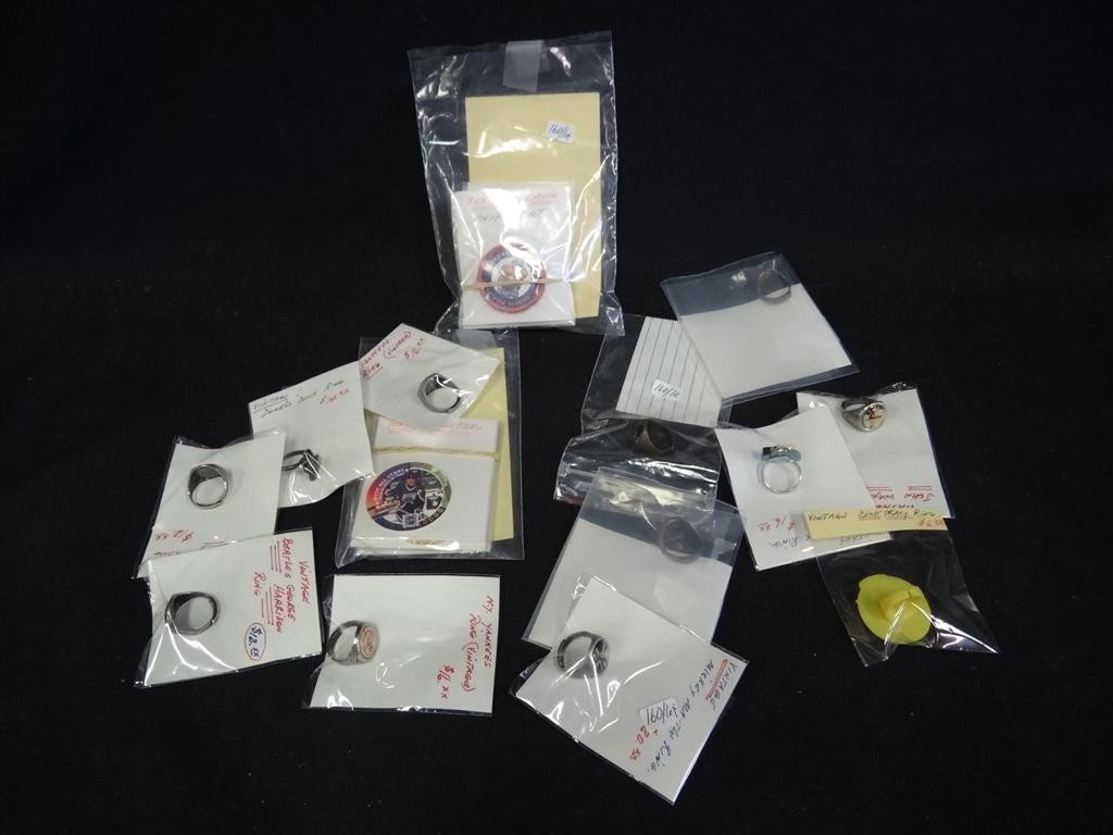 LOT - MISCELLANEOUS VINTAGE MEMENTO RINGS, ETC. : Twelve(12) rings - cartoon characters, sports, movies; hockey pogs