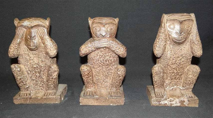 THREE HARDSTONE CARVINGS-MONKEYS: Hear No Evil, Speak No Evil, See No Evil Monkey figures 9 1/2"H.