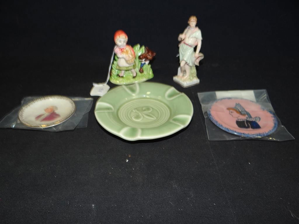 LOT - MISCELLANEOUS PORCELAIN ITEMS: To include: porcelain figurine- Little Red Riding Hood, 4in. H. ; KPM figure of a man, 5in. H.; Rookwood ashtray, two(2) small plates; 3.25in. - 5.75in.