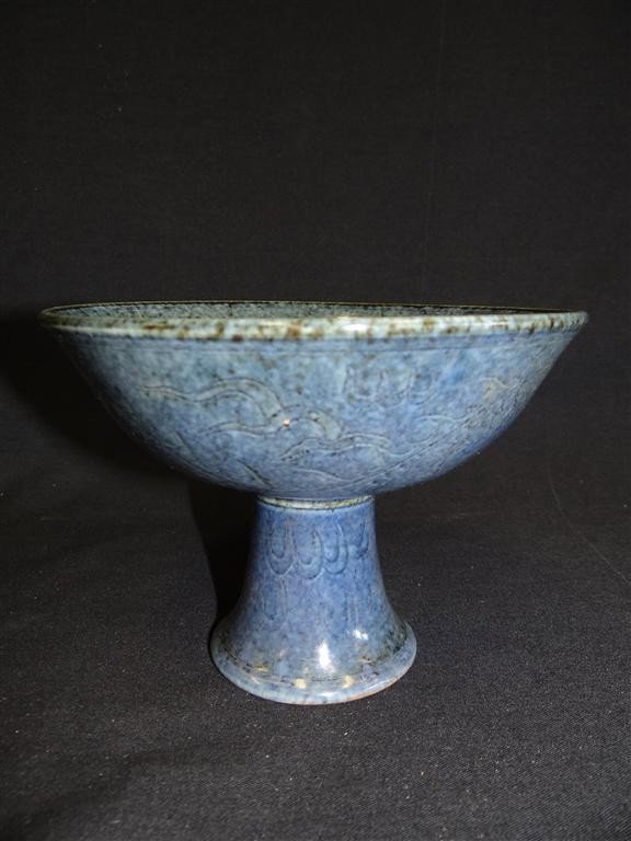 CHINESE PORCELAIN STEM CUP: Incised dragon decorations. Six character mark. 5 "H. 6 1/2"D