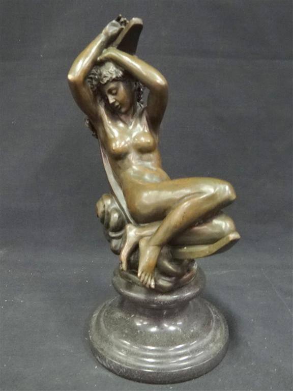 BRONZE ART NOUVEAU NUDE ON SEASHELL: Signed. S. Dehechaux. On a tiered marble base. 14"H.