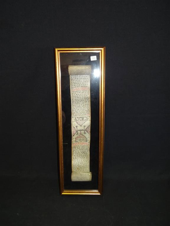 ETHIOPIAN SCROLL: Early Ethiopian scroll. Talisman prayer scroll written in Geez. Gallery shadow box frame. 24 1/2" x 7 1/2"