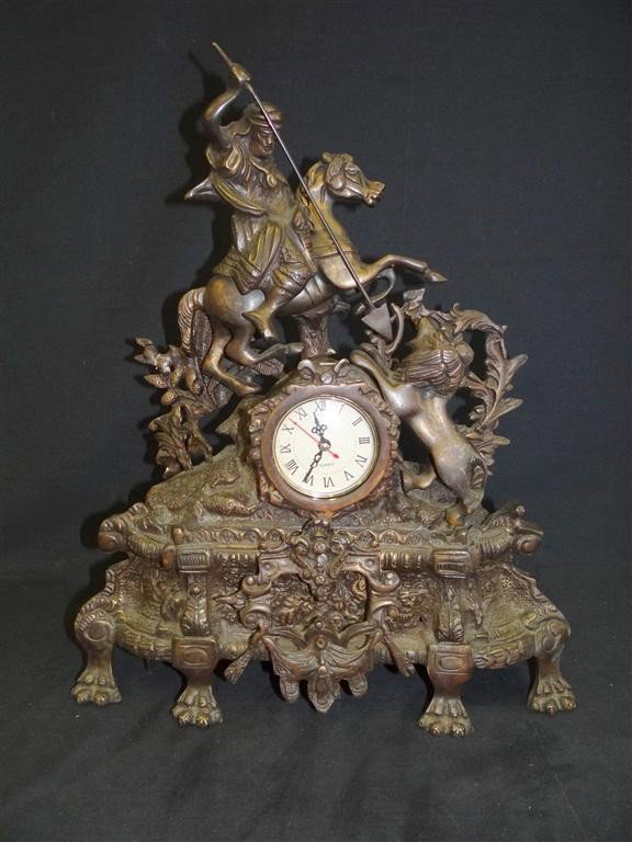 FIGURAL BRONZE CLOCK: Allegorical figural bronze clock (replaced quartz movement. 18"H.