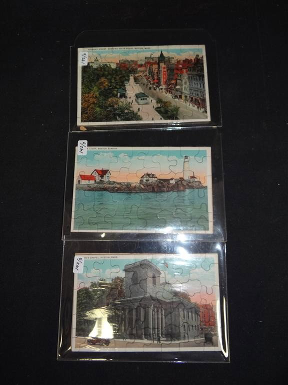 PUZZLE POSTCARDS. AMERICAN. 1940'S (3): Sturdy thick puzzle postcards. Scenes of Boston. Kings Chapel; Light in Boston Harbor & Tremond Street showing The State House. One written on with a postmark for 1943. Two pristine. Complete