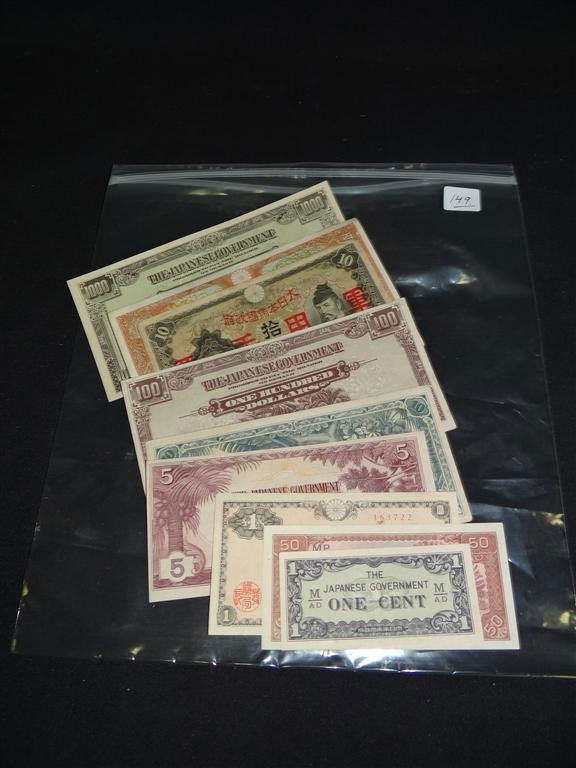 JAPANESE GOVERNMENT PAPER CURRENCY (9): Marked one cent, fifty cents, five dollars, ten dollars, one hundred dollars and one thousand dollars. Included in the lot are three additional bills 1, 10 and 100 (without mention of dollars)