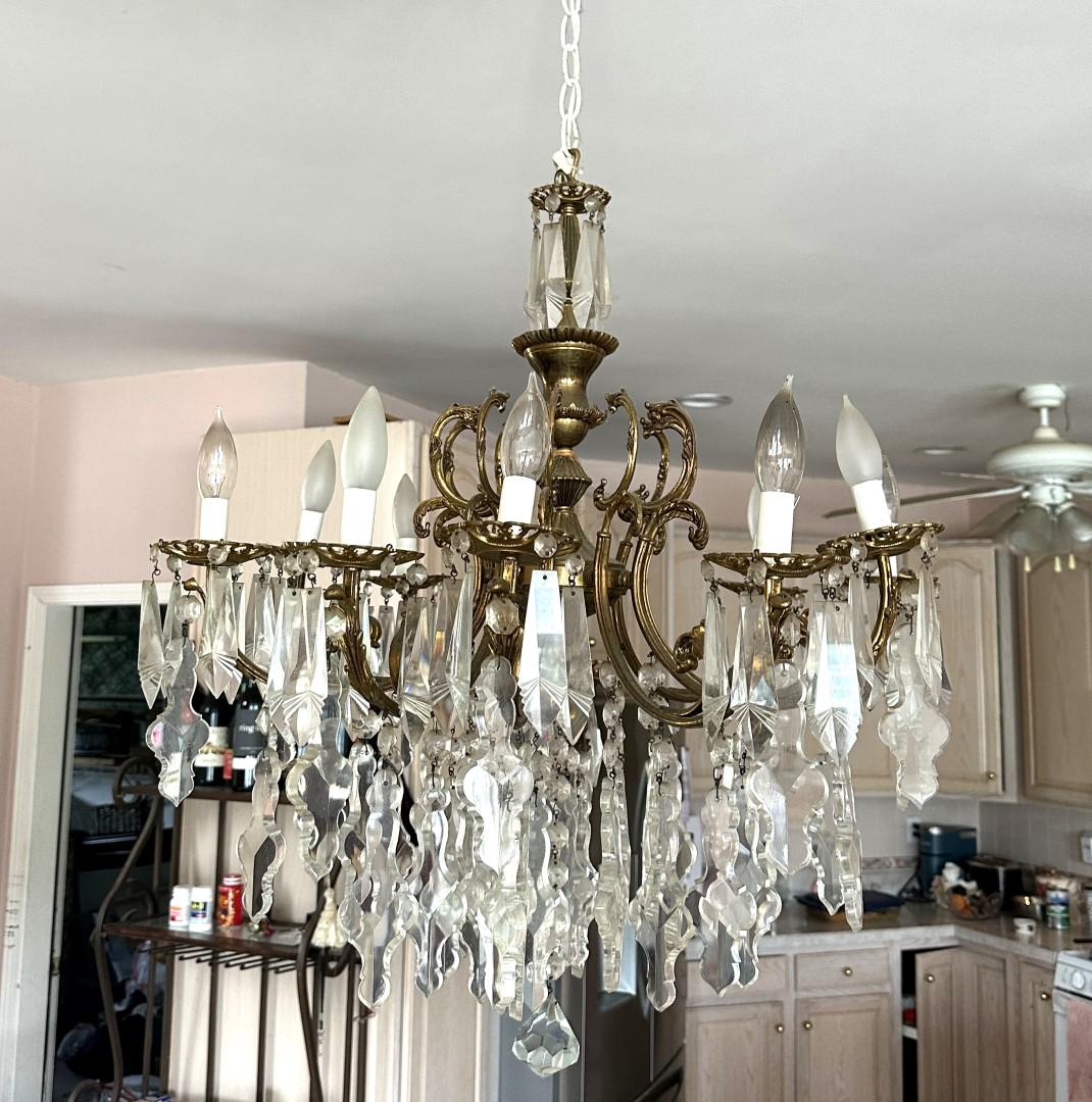 Fancy Ten-Arm Brass and Crystal Chandelier (1 of 3)