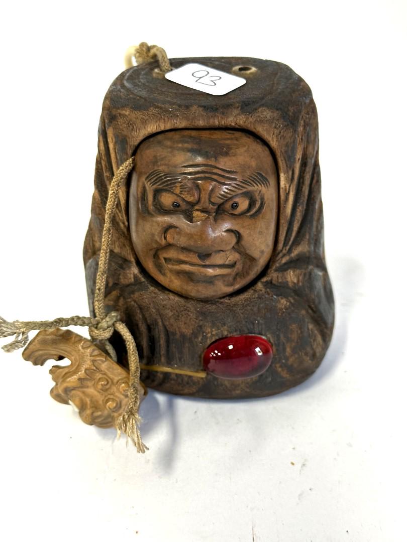 Unusual Japanese Tobacco Pouch w/Netsuke: Carved wood with inlaid stone and carved netsuke. 3 1/2"H. 3"W