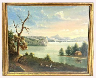 William Guy Wall(attrib. to); 19thC. Oil Hudson River Landscape: Oil on canvas. Along the Hudson. Attributed to William Guy Wall. Housed in a Newcomb Macklin gilt frame; 25in. X 30in.(image), 29.5in. X 34in.(framed)