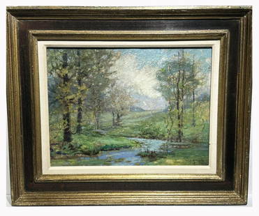 Theodore C. Steele; American Oil June Brook Signed: Theodore Clement Steele (1847 - 1926) oil on canvas. June Brook. Signed lower right and dated 1910. Inscribed with title on stretcher; 12in. x 16in.(image), 18.5in. x 22.25in.(framed)