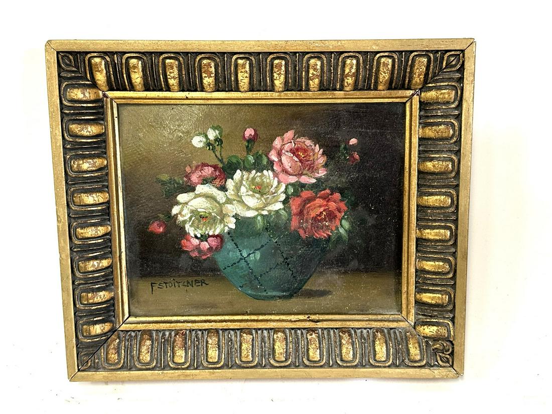 F. Stoitzner Oil on Board, Roses. Signed: Franz Stoitzner. Gilt Frame. 10"H. x 12"W (Overall framed size)