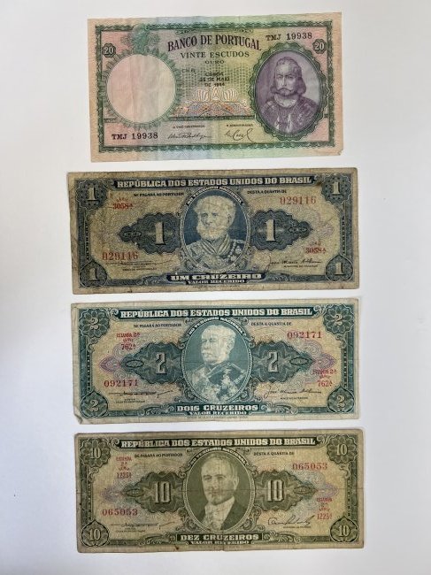 Portugese and Brazilian Paper Currency (4): Banco de Portugal 20 Vinte Escudos; Republica Dos Estados Unidos do Brasil, 1, 2 and 10. Four paper currency bills in the lot