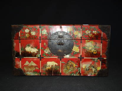 KOREAN WEDDING CHEST: Painted ox horn decorative panels. With metal hardware. Possibly a wedding gift. Panel decorations depict flying cranes and other symbols of longevity (As is-photos depict damages) 8 1/2"H. 15 12"L. 9