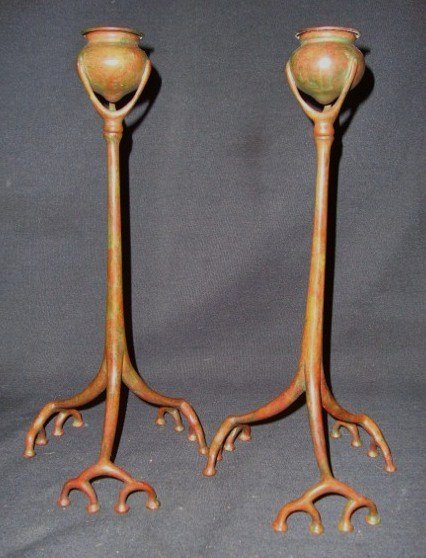Pair of Tiffany Studios Bronze Root Candlesticks: Tiffany Studios bronze candlesticks, signed Tiffany Studios Numbered 1200 12"H.