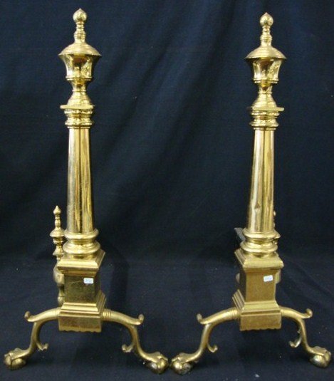Pair of Antique Brass Andirons: Chippendale style. With ball and claw feet A really heavy well made pair of andirons 26 1/2" 13" W.