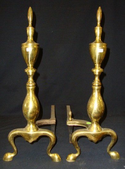 Pair of Brass Andirons: Slipper feet. Well turned 20 1/2""H.