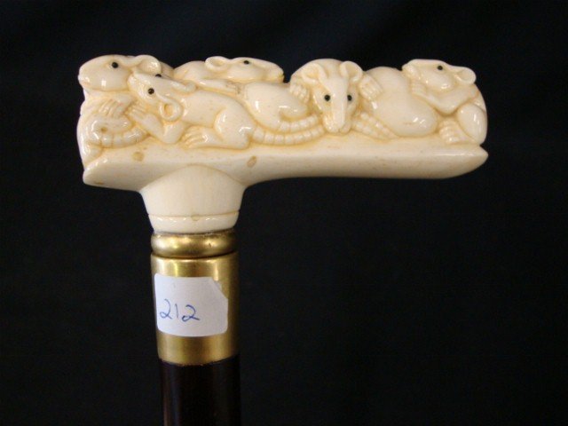 Walking stick ivory handle: Walking stick, collectible cane, ivory mouse family handle Brass ferrule 36"L