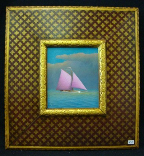 George Nemethy Painting Signed: Oil on board,sailboat with unusual pink sails. 5 3/4" x 4 3/4" ( Sight size) Ornate wide frame