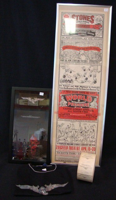 Rolling Stones Memorabilia: An usher's T-Shirt from the movie, Ladies and Gentlemen, The Rolling Stones. New unused condition. Small size A framed poster for Ladies and Gentlemen, The Rolling Stones; 1000 original tickets for th