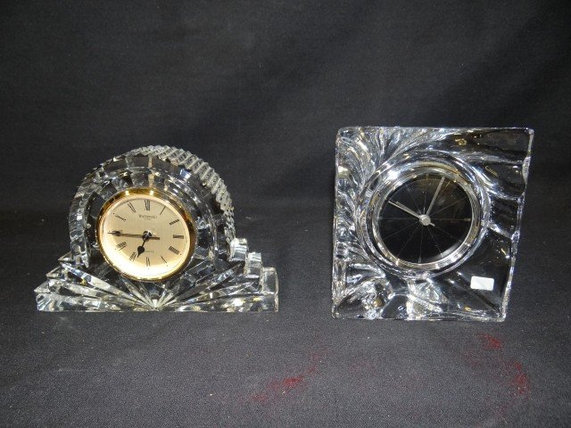 Two(2) lead crystal desk clocks: Daum,France desk clock, 5.5in. H. ; Waterford desk clock, 5in. H.