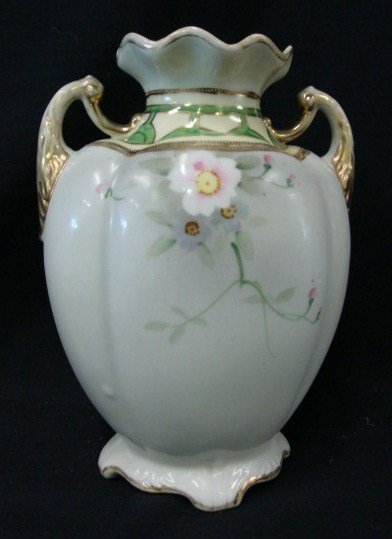 Nippon Hand Painted Vase: Double handled. Blue maple leaf mark Crack. 9"H.