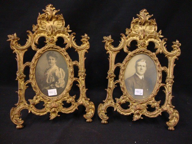 Pair of Victorian Easel Back Brass Frames: Fancy pair of Victorian brass openwork picture frames. Easel back 12 3/4"H.