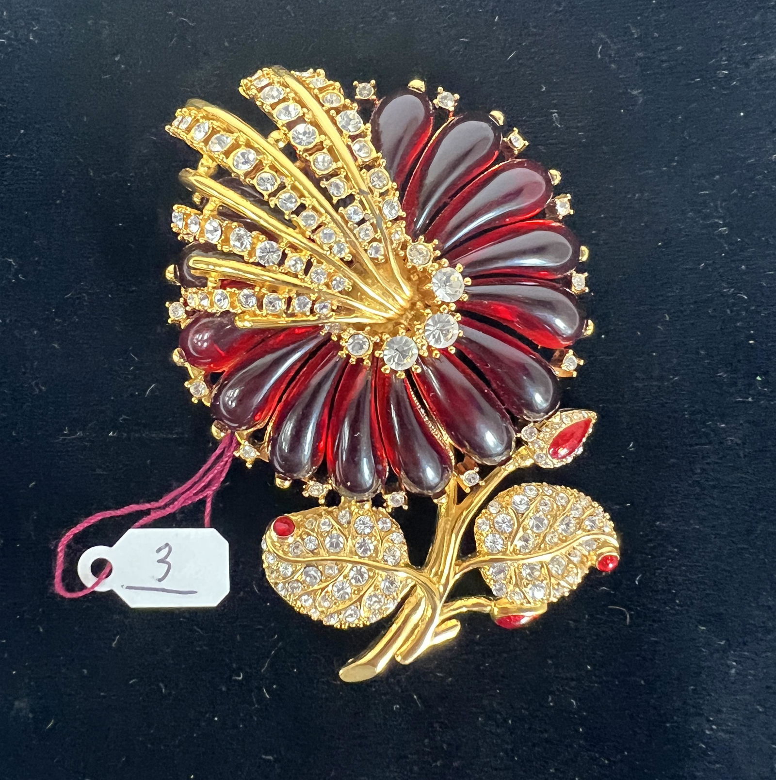 Vintage Costume Rhinestone & Red Stone Brooch Sgd. BK (1 of 1)