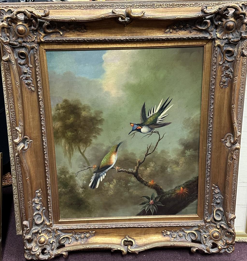 After Martin Johnson Heade Oil on Canvas: Hummingbirds in a tropical landscape. Artist sgd. Lower Left. 24"H. x 20"W Overall 34 1/2" x 30 1/2"W