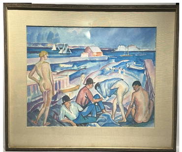 Bror J.O. Nordfeldt; 20thC. American Watercolor Bathers - Provincetown Signed: Bror Julius Olsson Nordfeldt (1878 - 1955); American Watercolor and Gouache on paper. Bathers - Provincetown. Signed lower right; 14in. x 18in.(image), 20.5in. x 24in.(framed) good condition - origina