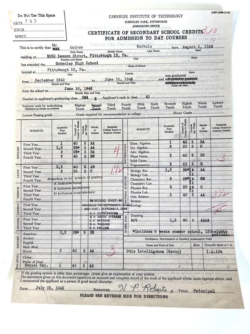Andy Warhol's Certificate of Secondary School Credits: 1945 11" x 8 1/4" Amusing replica of Andy Warhol's 2nd grade report card.
