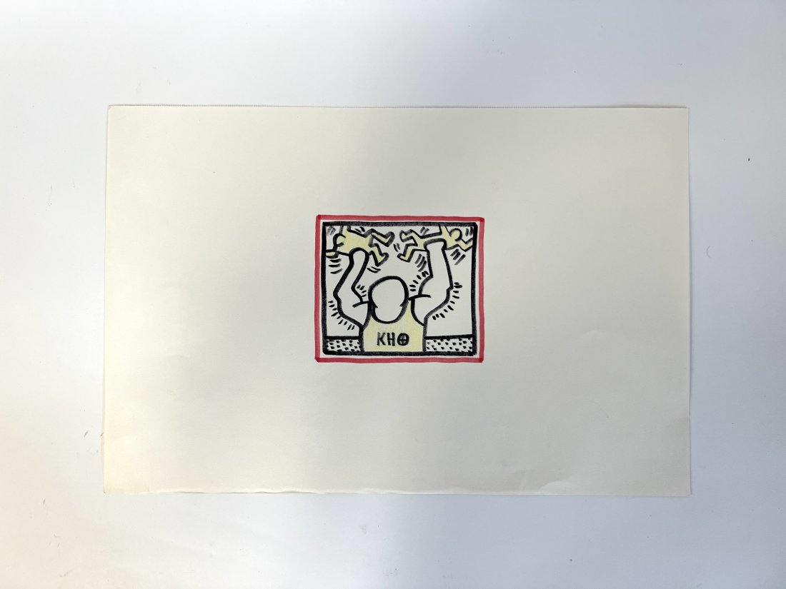 Keith Haring Drawing Signed: Drawing on paper, signed lower middle with KH initials. 11 1/4" x 16 1/2" (overall size). 4" x 4 3/4" (drawing itself). Unframed.