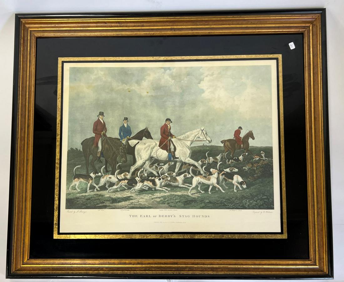 After J. Barenger R. Woodman Engraving 19th C.: The Earl of Derby's Stag Hounds Painted by J. Barenger is marked . LL. Lower right Engraved by R. Woodman. Published May 15, 1823 by I. Griffin, Carshalton. Surrey Professionally framed. Reverse paint