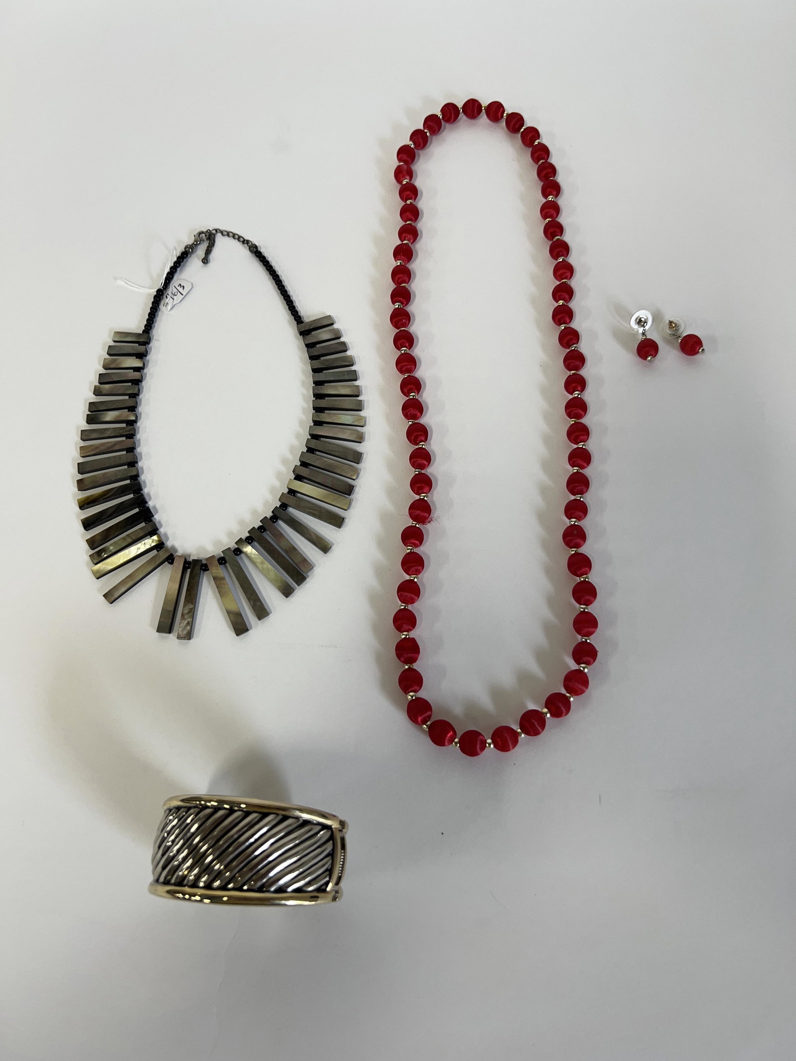 MCM Necklace & Other Costume Jewelry: Included in the lot is necklace as pictured and a large antique cuff bracelet together with a red necklace and pierced earring set