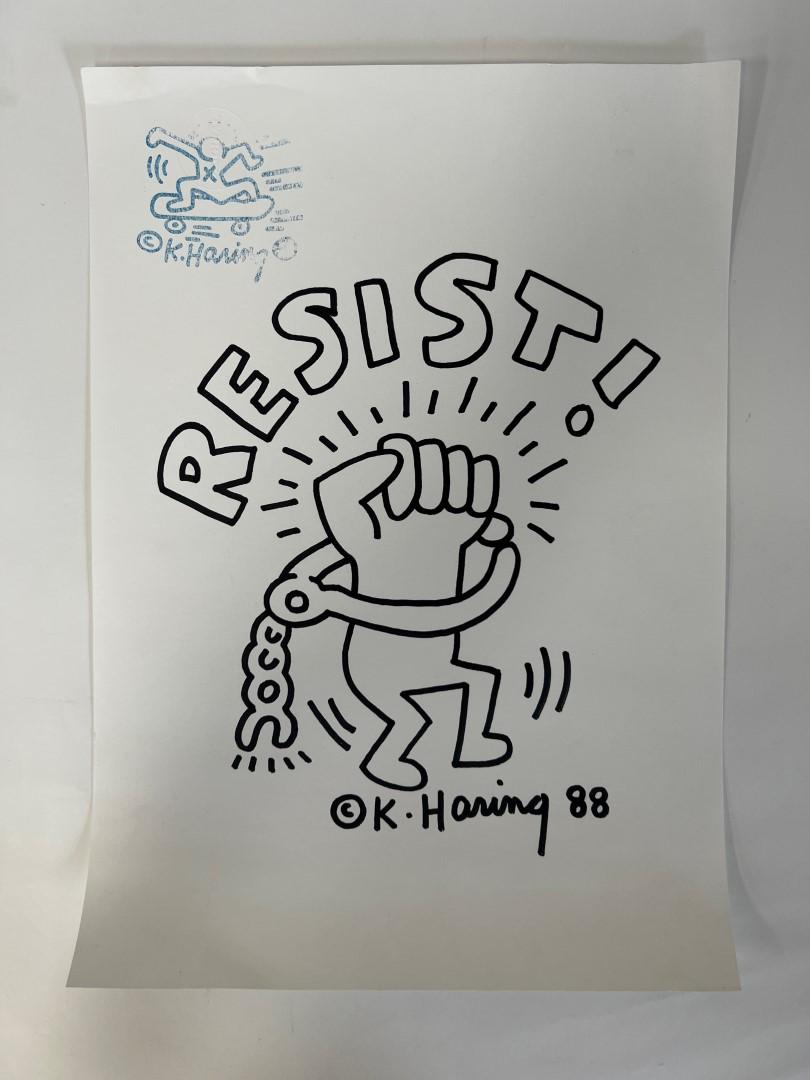 Keith Haring Drawing Resist Signed: K. Haring '88 at bottom. With K. Haring stamp at Upper Left. Unframed. 16 1/2"H. x 12"W