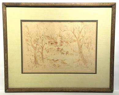 Charles Burchfield; 20thC. American Mixed Media Drawing Signed: Charles Ephraim Burchfield (1893 - 1967) mixed media drawing on paper(ink and sanguine drawing). Farmyard. Signed lower right with monogram and dated 1919; 9.75in. x 14in.(image), 17in. x 21in.(framed