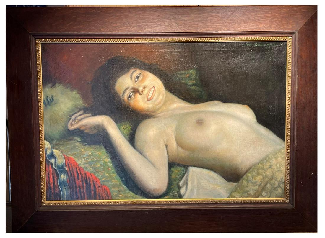 Maurice A. Ehlinger; French Oil Reclining Nude Signed: Maurice Ambrose Ehlinger(1896-1981); 20thC. French Oil Reclining Nude Signed. Oil on canvas. Reclining Nude. Signed upper right M. Ehlinger; 22in. x 33in.(image), 30in. x 42in.(framed). Housed in orig
