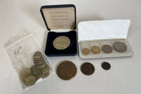 Collectible Coins and Commemoratives.: Twenty-One Euro 10 and 20 cent coins; Large David's Tower Coin fro 1979 International Numismatic Meeting in Jerusalem; a 1947S penny; 1862 Italian coin Coins of Hong Kong Set; and Gild Nickel Silver L