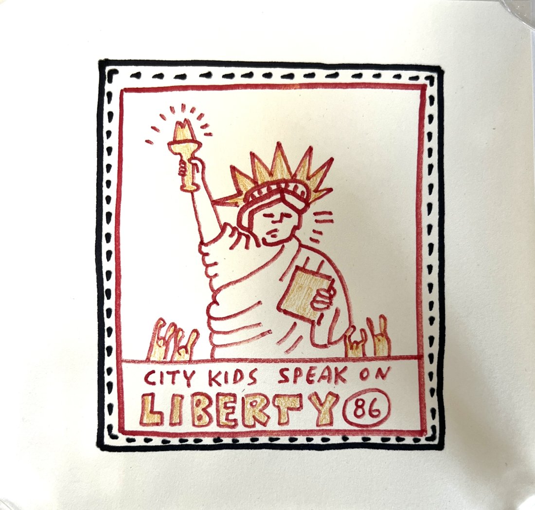 Keith Haring Drawing: City Kids Speak on Liberty. 7" x 7.5" 86 in a circle lower right