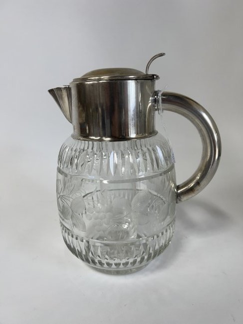 Antique Etched Glass Pitcher. Silver Plated Top (1 of 4)