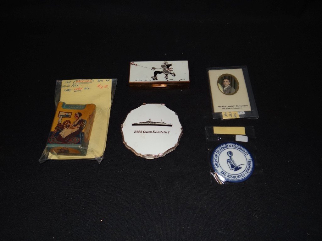 Lot of six(6) Vintage ladies travel items: Including: RMS QEII compact, pocket mirrors, hairpins, enameled pin box, various sizes